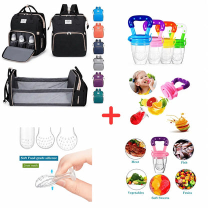 Combode pañalera y mordedor alimentador de silicona para bebé, ideal para transportar accesorios y ofrecer frutas, verduras y alimentos blandos.