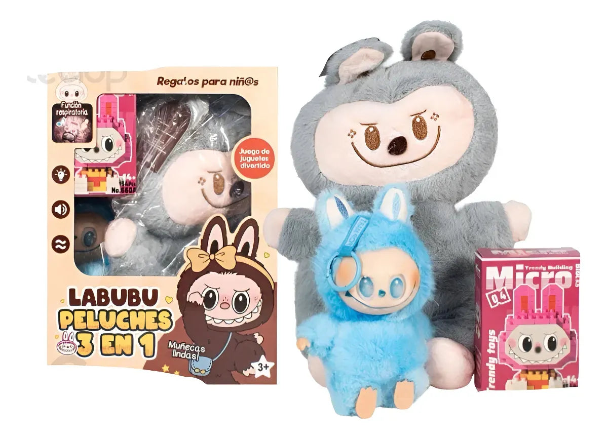 Combo peluche tipo Labubu 3 en 1 con muñeco suave, mini figura armable y llavero. Ideal para niños desde 3 años, regalo, colección y decoración.