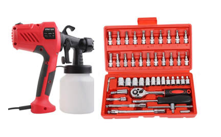 Combo de pistola de pintura eléctrica 400 W con depósito de 800 ml y juego de copas 46 piezas ratchet 1/4 en acero cromo vanadio para bricolaje y mecánica.