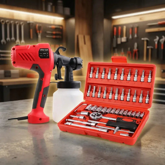 Combo de pistola de pintura eléctrica 400 W con depósito de 800 ml y juego de copas 46 piezas ratchet 1/4 en acero cromo vanadio para bricolaje y mecánica.