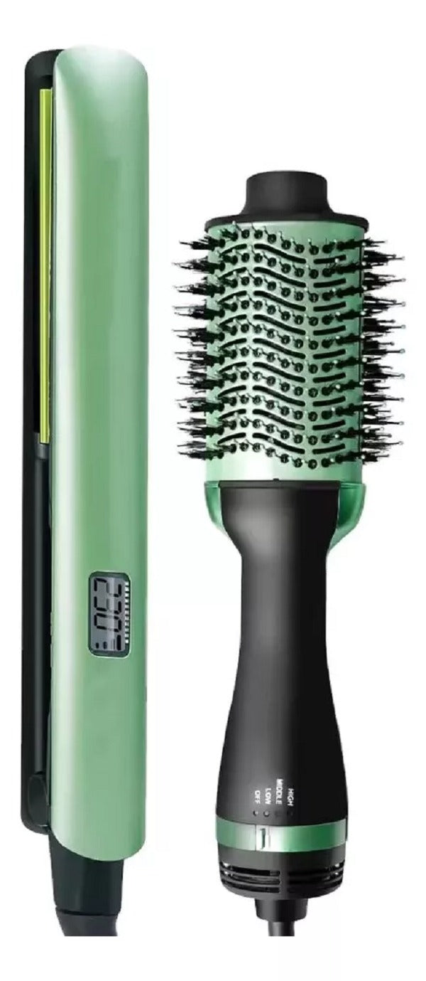 Combo de plancha de cabello y cepillo secador Aguacate con tecnología cerámica, ideal para alisar, secar, peinar, reducir el frizz y lograr brillo en casa.