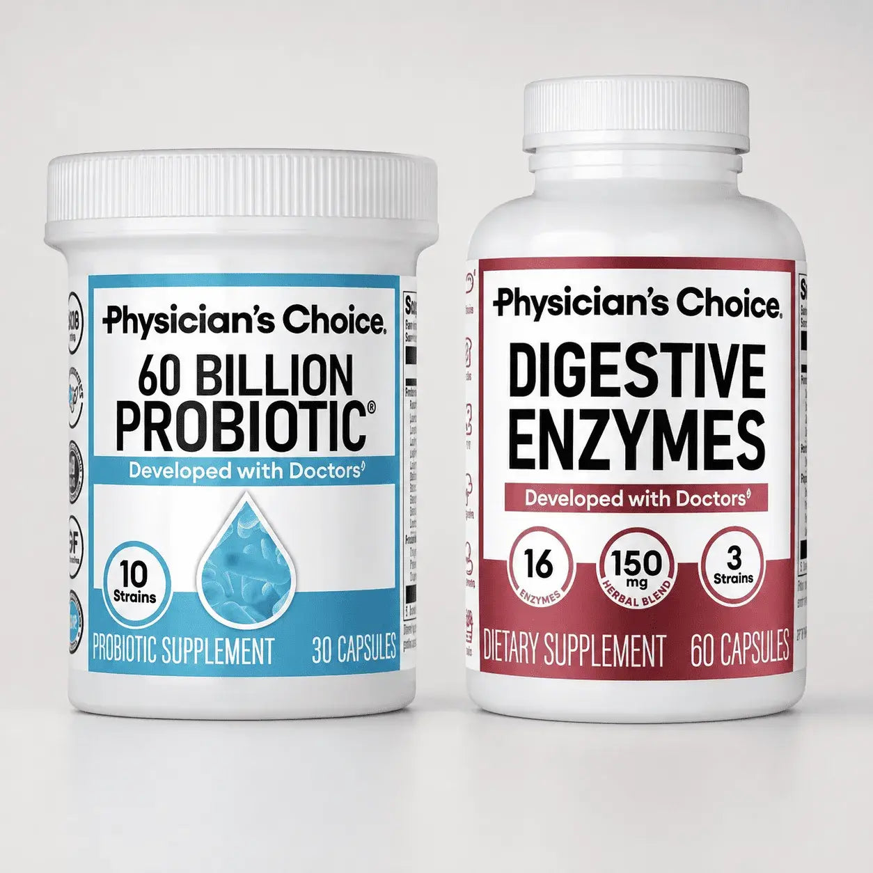 Combo con probióticos 60 billones y enzimas digestivas. Apoya el bienestar intestinal y la digestión diaria.