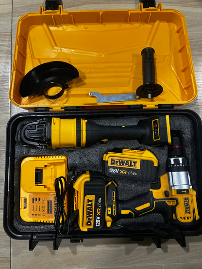 Combo profesional con pulidora brushless 128V y taladro inalámbrico 68V. Incluye baterías independientes, maletín y accesorios para trabajo exigente.
