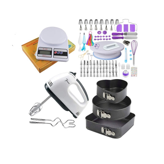 Combo de repostería con batidora de mano, kit de 137 piezas, báscula digital y moldes. Ideal para decoración y preparación de postres con resultados profesionales.