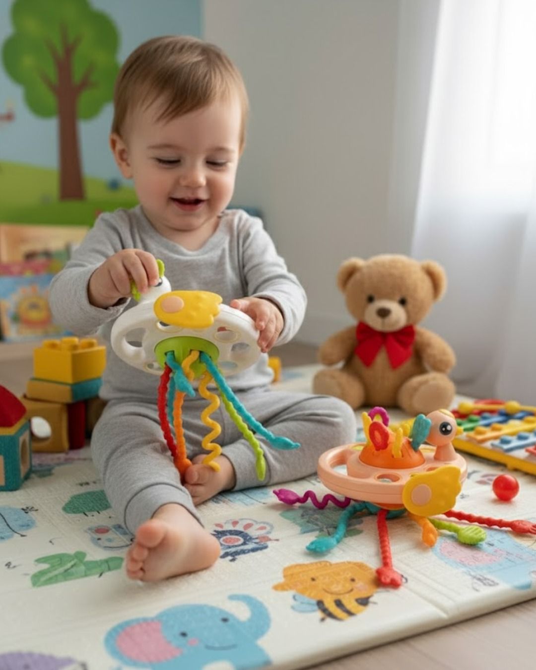 Combo sensorial Montessori para bebé con spinner giratorio y mordedor didáctico. Estimula, calma y desarrolla motricidad, coordinación y sentidos de forma segura.