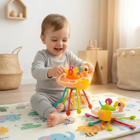 Combo sensorial Montessori para bebé con spinner giratorio y mordedor didáctico. Estimula, calma y desarrolla motricidad, coordinación y sentidos de forma segura.