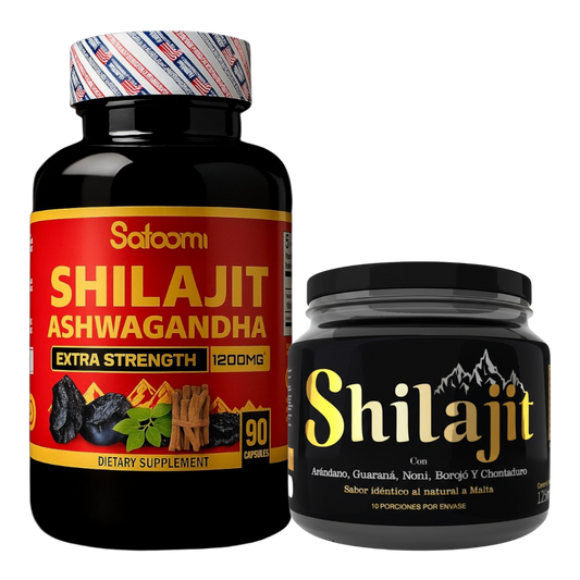 Combo Shilajit Ashwagandha 1200 mg con 90 cápsulas y jalea mineral 120 mL. Suplemento natural para energía, concentración, resistencia y bienestar en adultos.