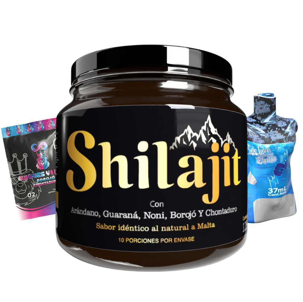 Combo Shilajit Electric Original 125 mL con gel Electric sabor Chicle y Chocolate de 37 mL más Gomitas Vi King. Producto para adultos enfocado en vitalidad, bienestar y experiencia sensorial.