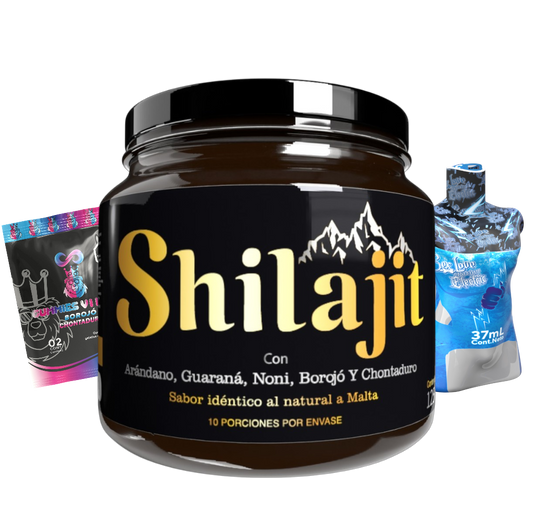 Combo Shilajit Electric Original 125 mL con gel Electric sabor Chicle y Chocolate de 37 mL más Gomitas Vi King. Producto para adultos enfocado en vitalidad, bienestar y experiencia sensorial.