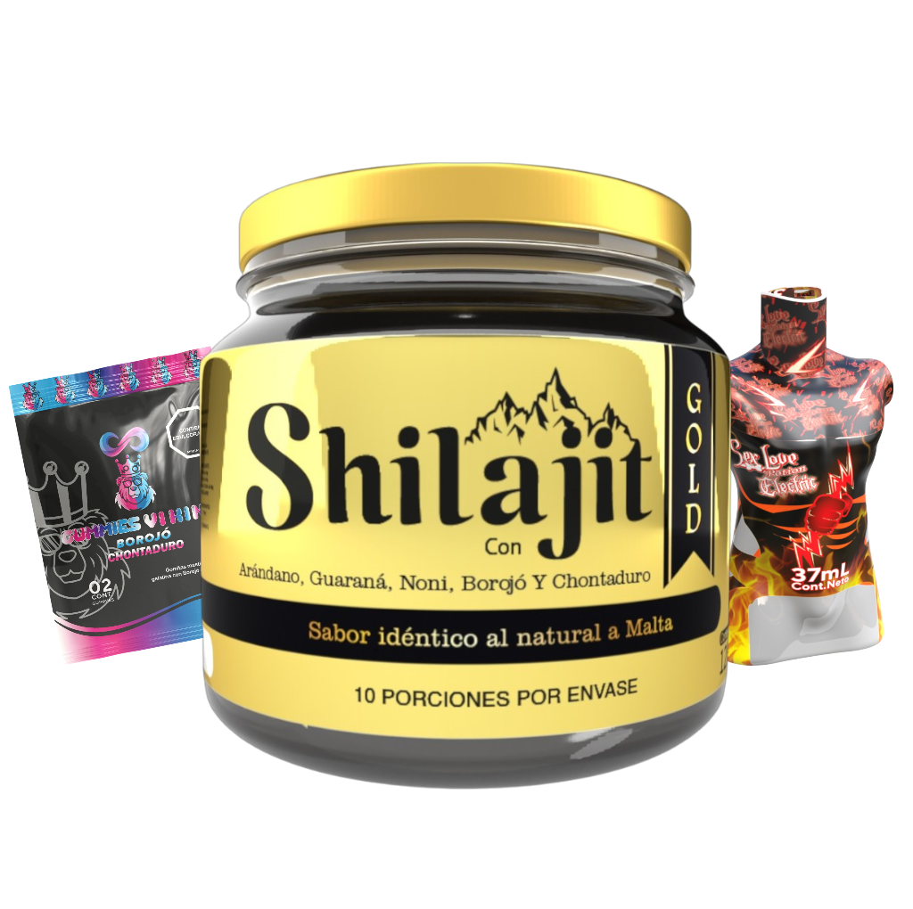 Combo Shilajit Gold Electric Original con bálsamo de resina 125 mL, lubricantes Electric Cold y Hot de 37 mL y Gummies Vi King. Producto para adultos orientado a energía, vitalidad y bienestar sensorial.