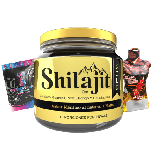 Combo Shilajit Gold Electric Original con bálsamo de resina 125 mL, lubricantes Electric Cold y Hot de 37 mL y Gummies Vi King. Producto para adultos orientado a energía, vitalidad y bienestar sensorial.
