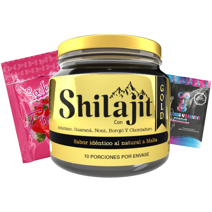 Combo Shilajit Gold Original con bálsamo de resina 125 mL, 3 sobres Love y Gummies Vi King. Suplemento para adultos orientado a energía, vitalidad y bienestar masculino.