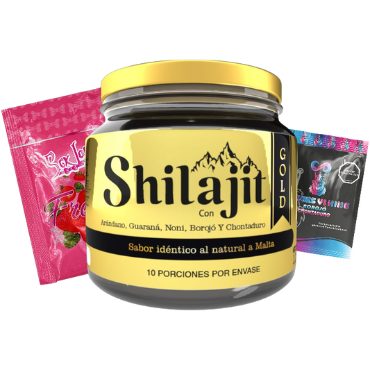 Combo Shilajit Gold Original con bálsamo de resina 125 mL, 3 sobres Love y Gummies Vi King. Suplemento para adultos orientado a energía, vitalidad y bienestar masculino.