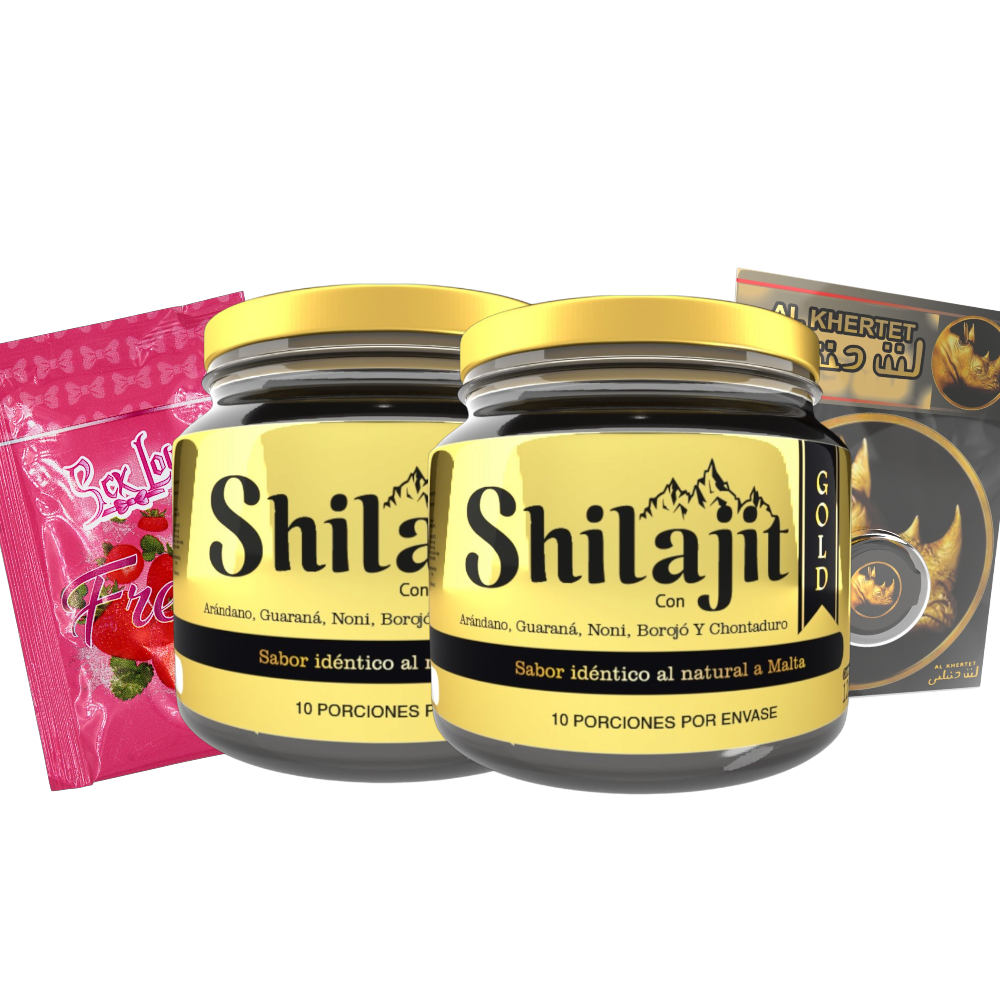 Combo Shilajit Gold Original x2 con dos bálsamos de resina de 125 mL, Rino Dorado Crema y gel íntimo sabor Fresa, Cereza o Chocolate. Bienestar, energía y vitalidad masculina para adultos.