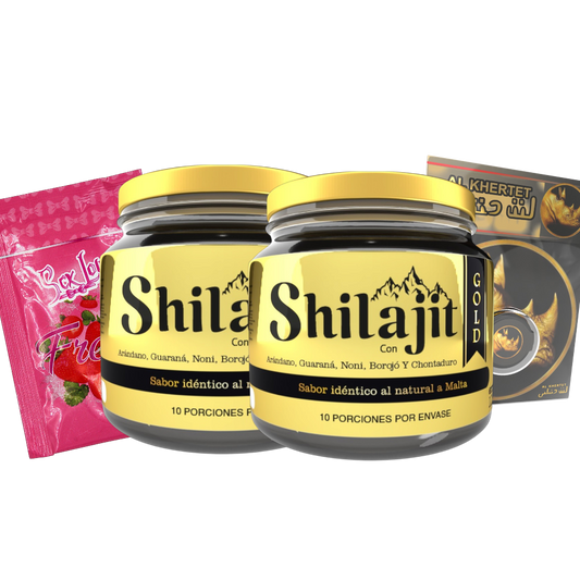 Combo Shilajit Gold Original x2 con dos bálsamos de resina de 125 mL, Rino Dorado Crema y gel íntimo sabor Fresa, Cereza o Chocolate. Bienestar, energía y vitalidad masculina para adultos.