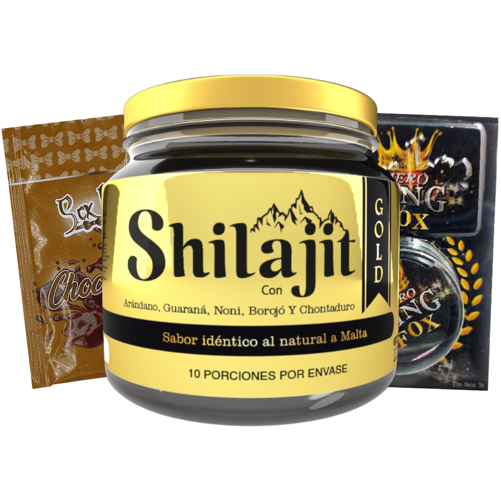 Combo Shilajit Gold 125 mL con Crema Mero King Fox y 3 sachets sabor Chocolate, Fresa y Cereza. Producto para adultos enfocado en vitalidad, bienestar y cuidado corporal.