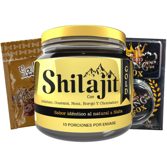 Combo Shilajit Gold 125 mL con Crema Mero King Fox y 3 sachets sabor Chocolate, Fresa y Cereza. Producto para adultos enfocado en vitalidad, bienestar y cuidado corporal.