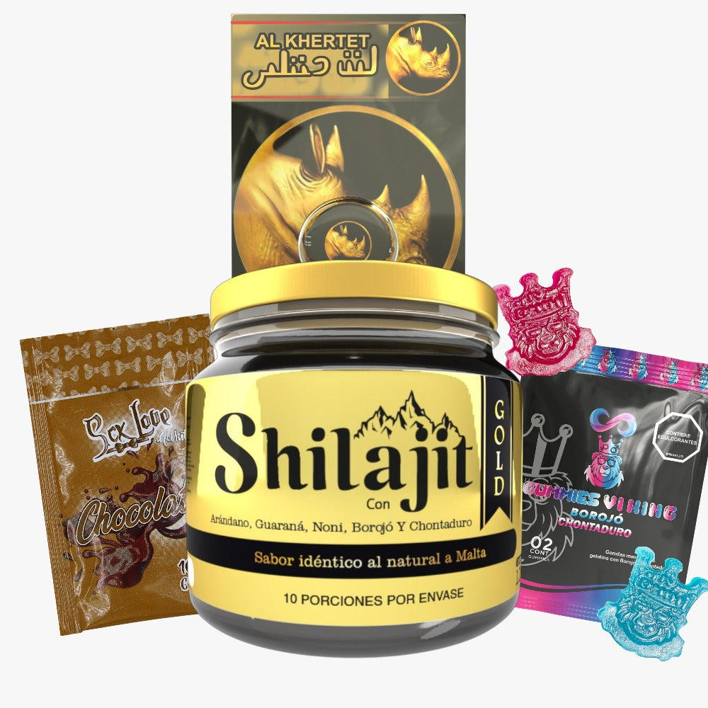 Combo Shilajit Gold 125 mL con chocolate Sck, gomitas Vi King y crema Rhino Dorado. Suplemento para hombres adultos orientado a energía, vitalidad y bienestar masculino.