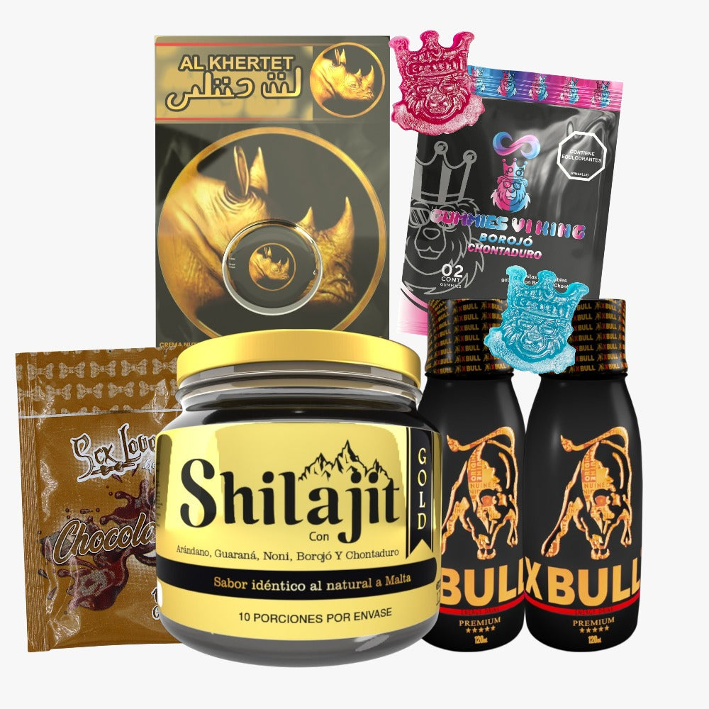 Combo Shilajit Gold 125 mL con 2 X Bull Jarabe de 120 mL, sachet chocolate, Gummies Vi King y Rhino Dorado. Pack para adultos enfocado en energía, vitalidad y bienestar diario.