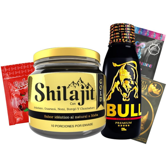 Combo Shilajit Gold 125 mL con X Bull Jarabe 120 mL, Rhino Crema, sachet Cherry y Gummies Vi King. Producto para adultos enfocado en energía, vitalidad y bienestar sensorial.