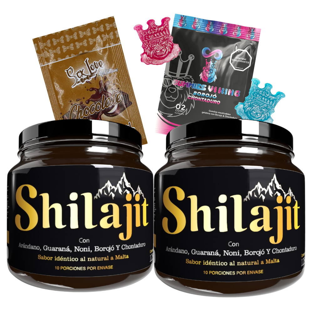 Combo Shilajit Original con 2 frascos de 125 mL, sachet chocolate y Gummies Vi King. Bálsamo de resina natural para energía, vitalidad y bienestar en adultos.