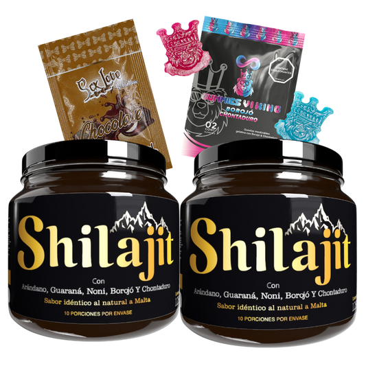 Combo Shilajit Original con 2 frascos de 125 mL, sachet chocolate y Gummies Vi King. Bálsamo de resina natural para energía, vitalidad y bienestar en adultos.