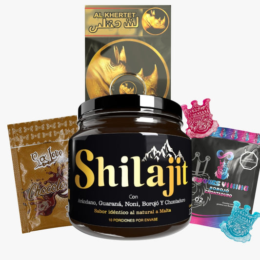 Combo Shilajit Original 125 mL con sachet chocolate, Gummies Vi King y Crema Rhino Dorado. Producto para adultos enfocado en energía, vitalidad y bienestar masculino.