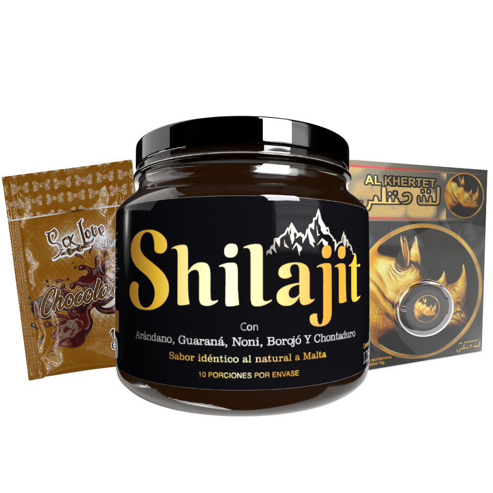 Combo Shilajit Original 125 mL con registro INVIMA, Rino Dorado crema y 3 sachets sabor Fresa, Chocolate y Cereza. Producto para adultos enfocado en vitalidad, bienestar y cuidado corporal.
