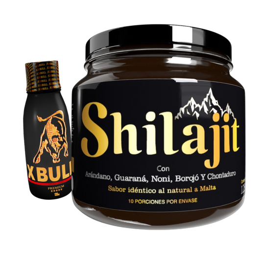 Combo Shilajit Original 125 mL con X Bull Jarabe 120 mL. Suplemento natural para adultos enfocado en energía, vitalidad, bienestar general y conexión en pareja.
