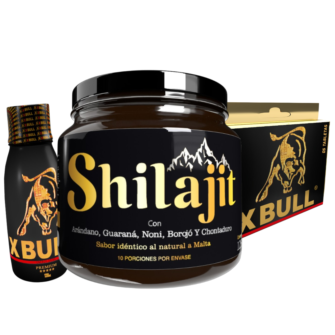 Combo Shilajit Original 125 mL con X Bull Jarabe 120 mL y 5 Tabletas. Suplemento natural para adultos enfocado en energía, vitalidad y bienestar general.