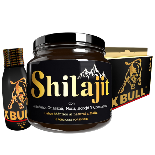 Combo Shilajit Original 125 mL con X Bull Jarabe 120 mL y 5 Tabletas. Suplemento natural para adultos enfocado en energía, vitalidad y bienestar general.