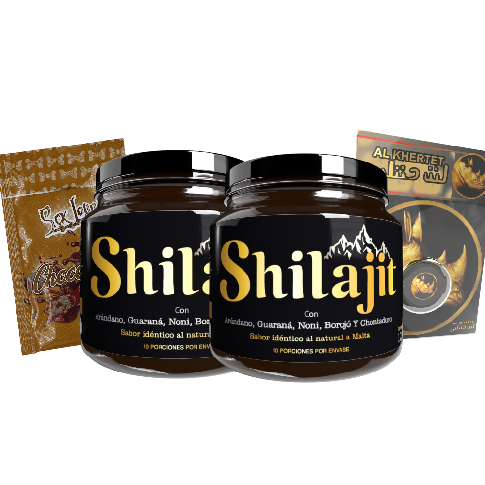 Combo Shilajit Original x2 con dos bálsamos de resina de 125 mL, Rino Dorado Crema y gel íntimo sabor Chocolate, Fresa o Cereza. Bienestar, energía y cuidado masculino para adultos.
