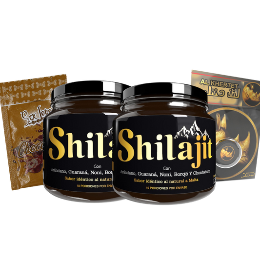 Combo Shilajit Original x2 con dos bálsamos de resina de 125 mL, Rino Dorado Crema y gel íntimo sabor Chocolate, Fresa o Cereza. Bienestar, energía y cuidado masculino para adultos.