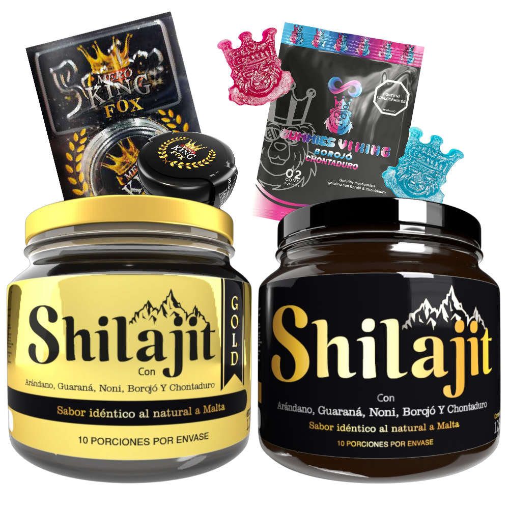 Combo Shilajit Original y Gold de 125 mL con Gummies Vi King y Mero King Fox. Suplemento natural para adultos enfocado en energía, vitalidad y bienestar general.
