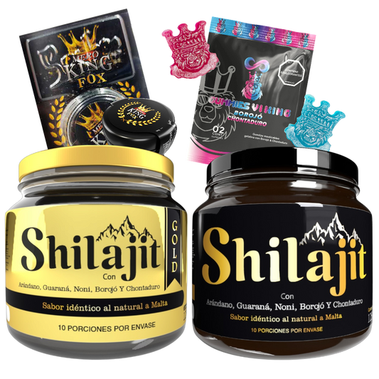 Combo Shilajit Original y Gold de 125 mL con Gummies Vi King y Mero King Fox. Suplemento natural para adultos enfocado en energía, vitalidad y bienestar general.