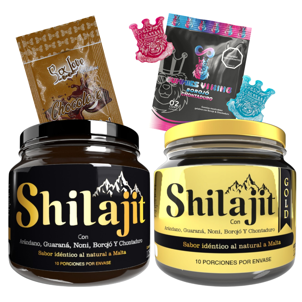 Combo Shilajit Original y Gold con dos resinas de 125 mL, Gummies Viking y sachet chocolate. Suplemento natural con registro INVIMA para vitalidad, energía y bienestar en adultos.