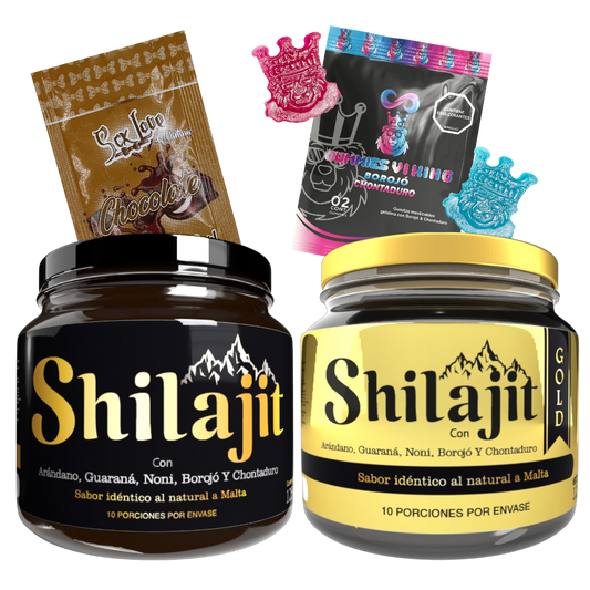 Combo Shilajit Original y Gold con dos resinas de 125 mL, Gummies Viking y sachet chocolate. Suplemento natural con registro INVIMA para vitalidad, energía y bienestar en adultos.