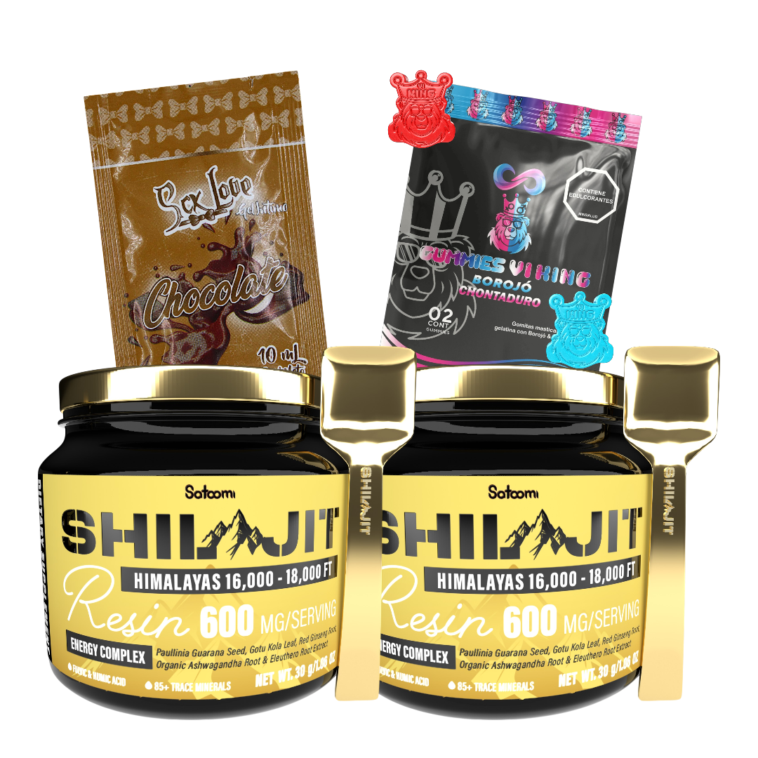 Combo Shilajit Satoomi Gold con 2 frascos de 125 mL, sachet chocolate y Gummies Vi King. Bálsamo de resina natural para energía, vitalidad y bienestar en adultos.