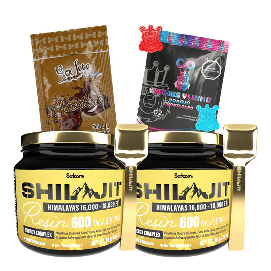 Combo Shilajit Satoomi Gold con 2 frascos de 125 mL, sachet chocolate y Gummies Vi King. Bálsamo de resina natural para energía, vitalidad y bienestar en adultos.