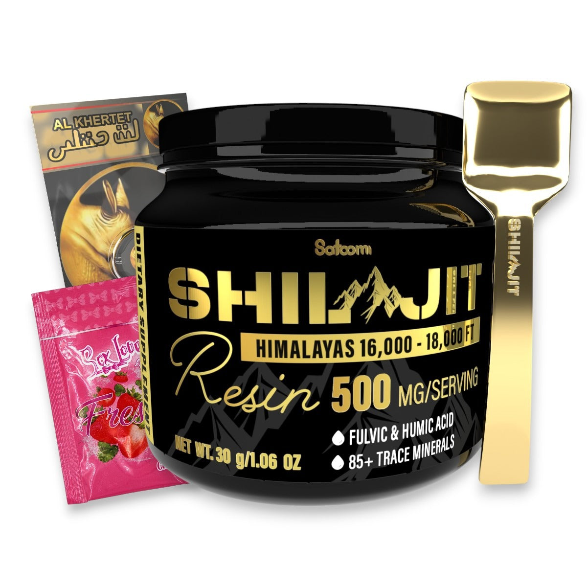 Combo Shilajit Satoomi Original 125 mL con resina natural, Rhino Dorado Crema 5 g y 3 Sachets Love. Producto para hombres adultos orientado a energía, vitalidad y bienestar masculino.