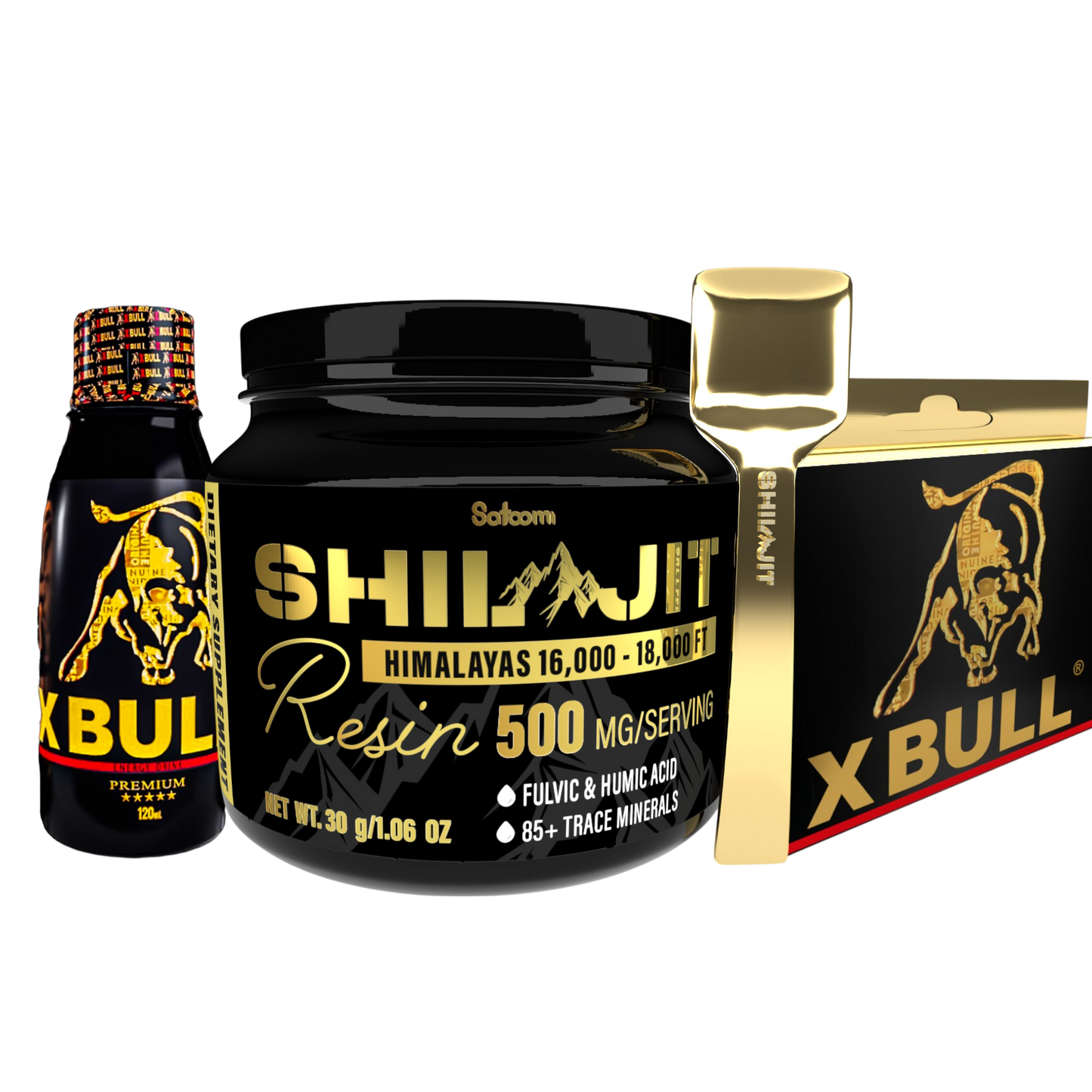 Combo Shilajit Satoomi 125 mL con X Bull Jarabe 120 mL y 5 Tabletas. Suplemento natural para adultos enfocado en energía, vitalidad y bienestar general.