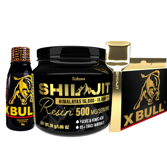 Combo Shilajit Satoomi 125 mL con X Bull Jarabe 120 mL y 5 Tabletas. Suplemento natural para adultos enfocado en energía, vitalidad y bienestar general.
