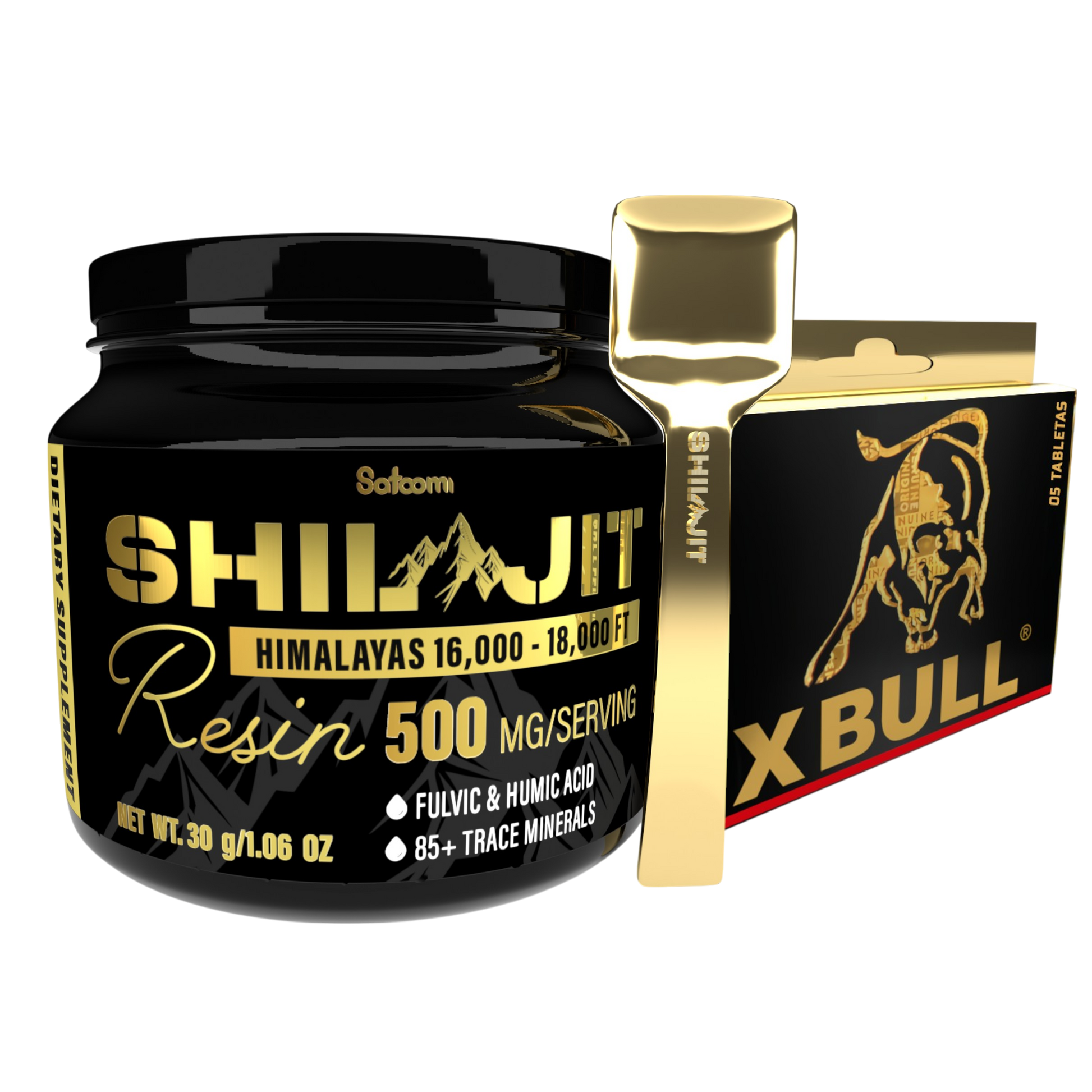 Combo Shilajit Satoomi con X Bull 5 Tabletas. Suplemento natural para adultos orientado a energía, vitalidad, bienestar general y conexión en pareja.