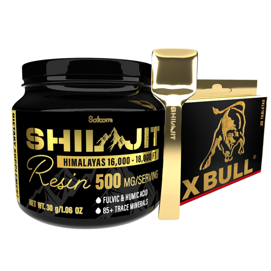 Combo Shilajit Satoomi con X Bull 5 Tabletas. Suplemento natural para adultos orientado a energía, vitalidad, bienestar general y conexión en pareja.