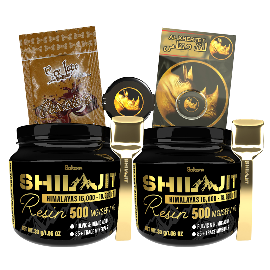 Combo Shilajit Satoomi x2 con dos bálsamos de resina de 125 mL, Rino Dorado Crema 5 g y Sachet SCK. Apoyo tradicional para energía, vitalidad y bienestar adulto.