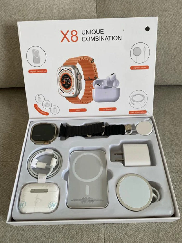 Combo Smartwatch Ultra X8 Max 49 mm con llamadas Bluetooth, notificaciones, audífonos inalámbricos, power bank magnético, cargador 20W y accesorios de carga.