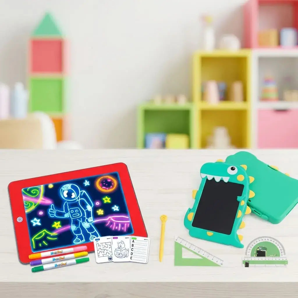 Combo tableta LCD de dibujo y Magic Pad con plantillas educativas. Ideal para que los niños dibujen, escriban y aprendan sin usar papel.