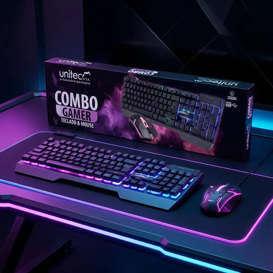 Combo gamer con teclado LED multicolor de 104 teclas y mouse óptico 1000 DPI. Ideal para gaming, estudio y oficina.