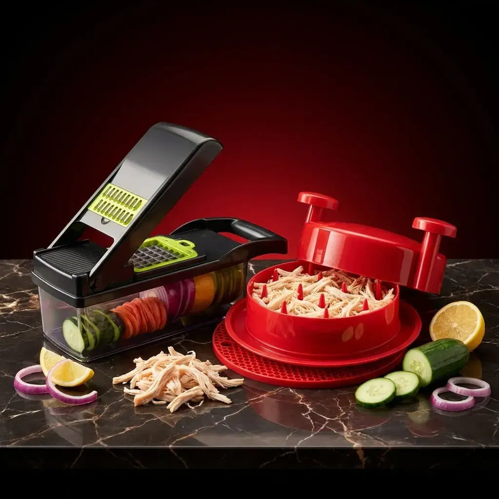 Combo de cocina con triturador de carne manual y picador de verduras multifuncional en taza, práctico y eficiente para preparar alimentos.