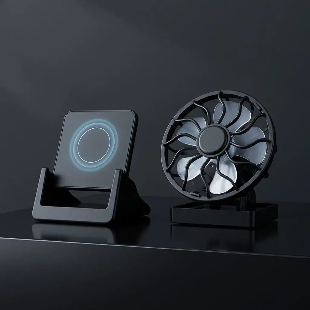 Combo práctico con ventilador solar portátil sin baterías y cargador inalámbrico vertical de 15W con carga rápida Qi, ideal para clima cálido y uso diario.